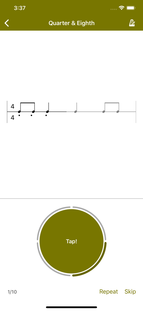 Perfect Ear - Ear Trainer - A rhythm training exercise in the Perfect Ear app featuring a musical staff with quarter and eighth notes and a large tap button for practice.