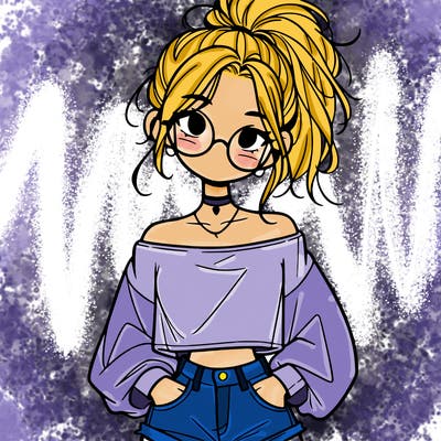 girl with a messy ponytail glasses a baggy crop top and jean shorts