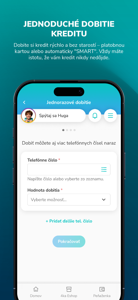 Interface do aplicativo Moja 4ka para recarga de crédito móvel única mostrando número de telefone e campos de valor