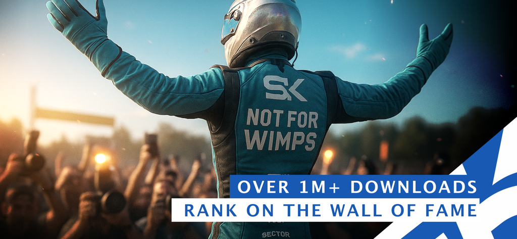 SK26: Street Kart Racing Game - 背中に「弱虫向けではない」と書かれた青いスーツのレーシングドライバーが、100万ダウンロード以上のテキストがハイライトされた観客の前で祝っている