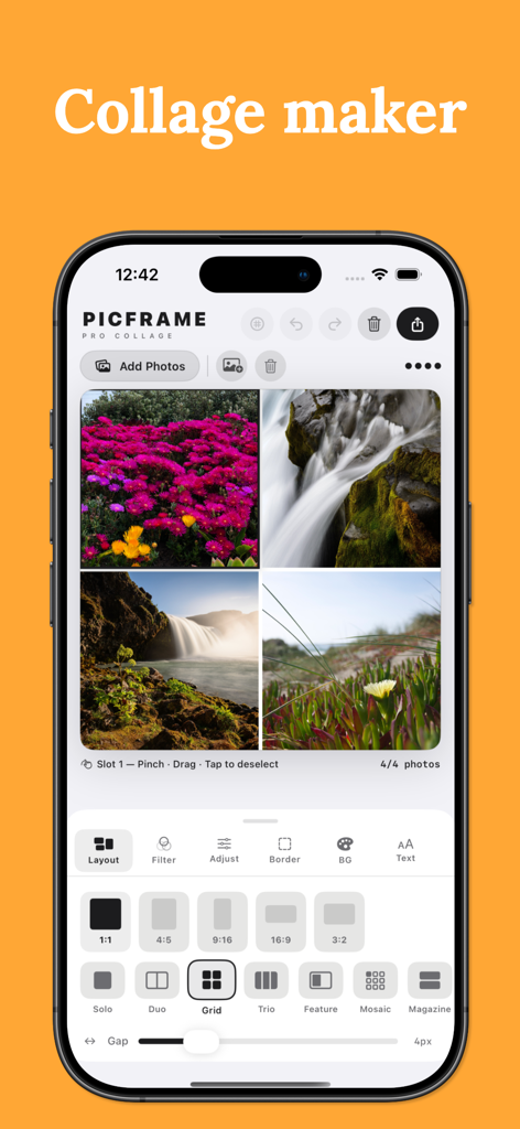 Photo Collage Maker – Picframe - Picframe app interface showing a photo collage and layout editing tools