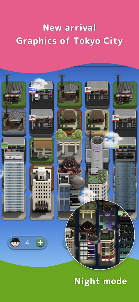 SubaraCity - Mobile gameplay screenshot of SubaraCity showing Tokyo themed buildings and a night mode preview.