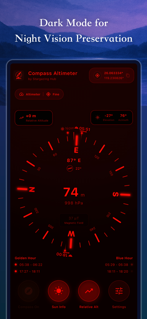 Compass Altimeter: Sun & Moon - Compass Altimeter app interface in red dark mode for night vision preservation showing altitude and coordinates