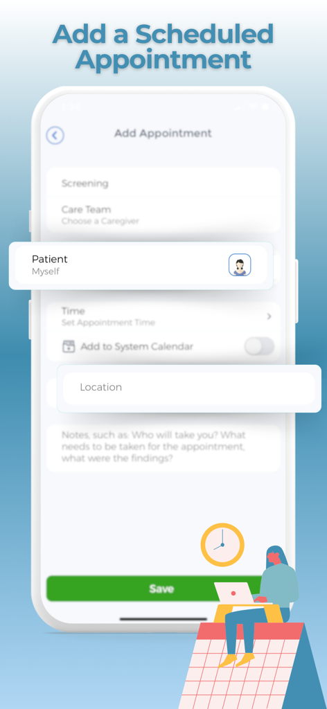 Uma captura de tela da interface do aplicativo Esana para adicionar um agendamento com campos para triagem, equipe de cuidados e local