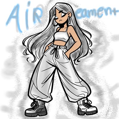 girl in baggy pants crop top and long hair