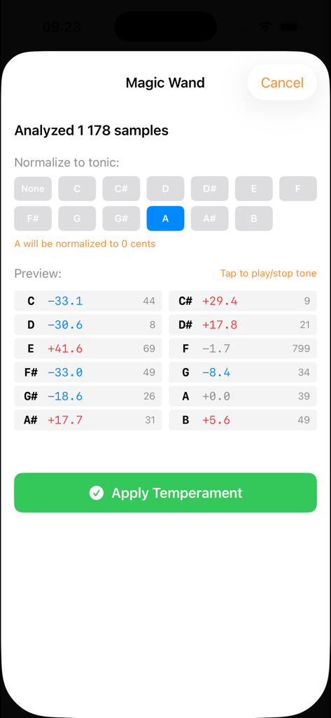 Svev & Sviv Lite - Magic Wand screen in Svev and Sviv Lite showing pitch analysis and temperament normalization data