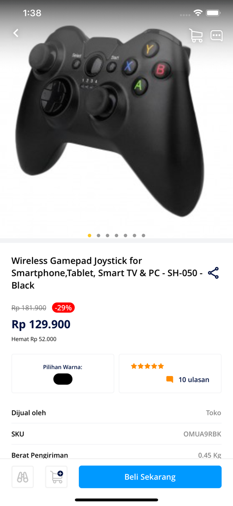 Jakarta Notebook - A product listing for a black wireless gamepad joystick on the Jakarta Notebook mobile shopping app showing the price and specifications.