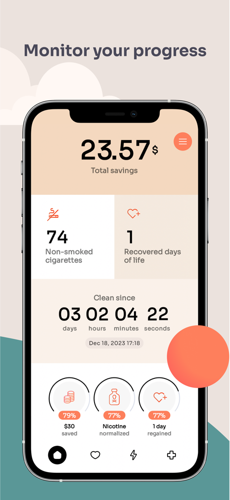 Flamy app dashboard showing money saved cigarettes avoided and health progress tracking