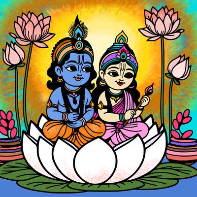 radhe and krishna in lotus flowers