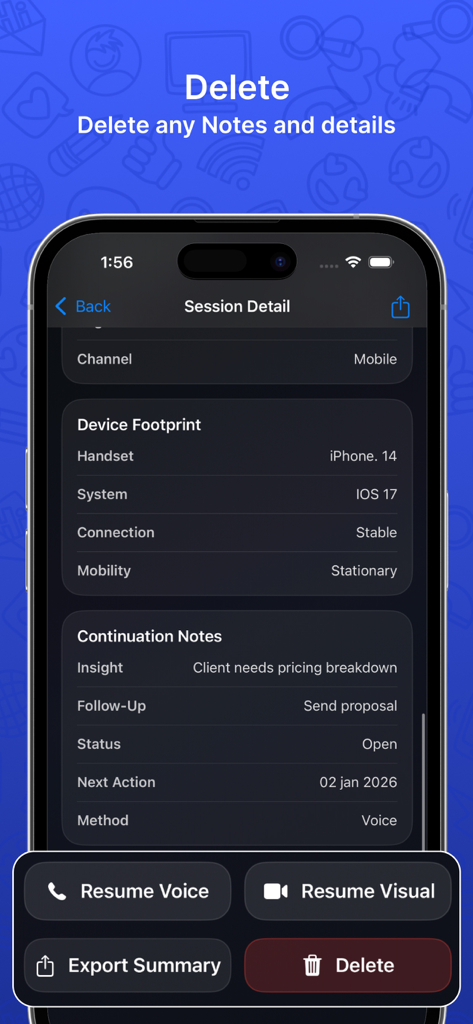 CaIl App lD Sessions - Professional call session detail screen with device info and follow-up notes in dark mode