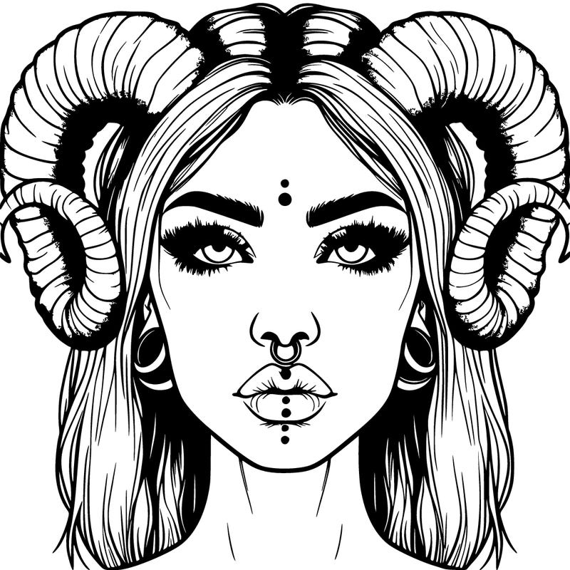 realistic woman with ram horns and piercings
