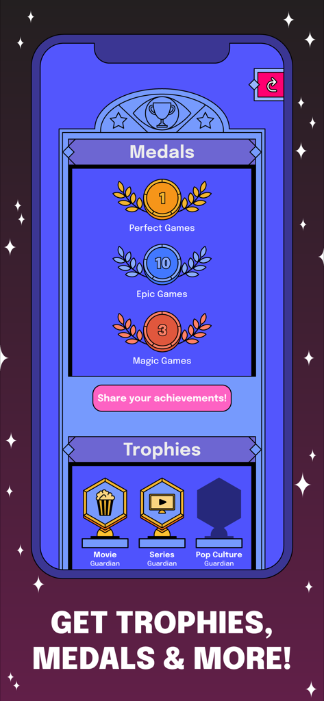 Dilemo - Schermata delle ricompense dell'app di trivia Dilemo che mostra medaglie e trofei per i risultati di gioco