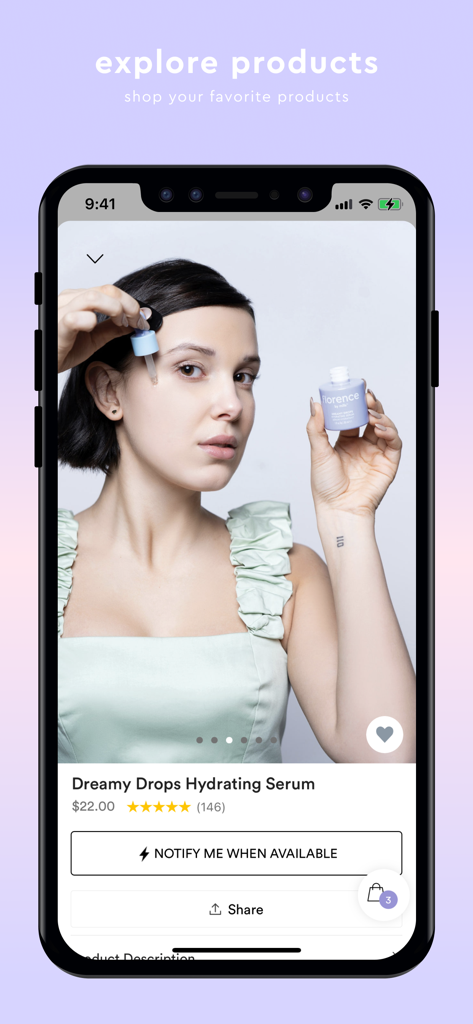 florence by mills - Pagina prodotto dell'app Florence by Mills che mostra Millie Bobby Brown mentre applica un siero idratante