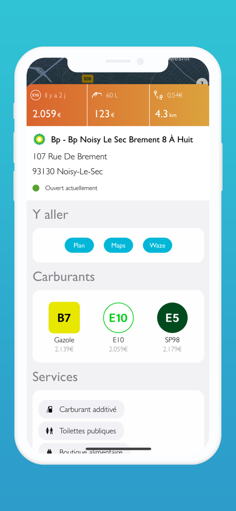 Prix Carburant - France - Écran de détail de l'application Prix Carburant France montrant les prix du carburant B7, E10 et E5, ainsi que les services de la station et les options de navigation.