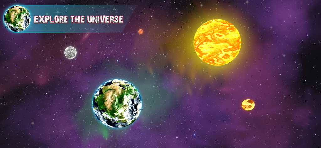 Universe Gravity Simulator 3D - A 3D space simulation showing diverse planets and a bright sun within a purple nebula background