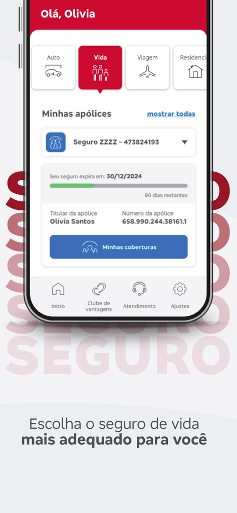 Bradesco Seguros mobile app interface showing life insurance policy details and renewal information