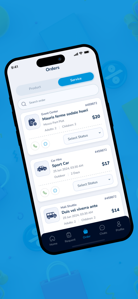 SILVER CHARIOT AGENT - Silver Chariot Agent mobile app interface showing a list of service orders with prices