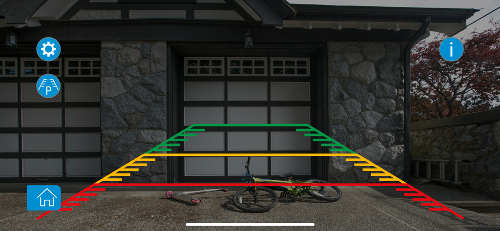 TYPE S Drive app interface showing a wireless backup camera feed with colored parking guidelines and a bicycle behind the vehicle