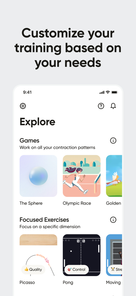 Perifit Care - Pantalla de exploración de la aplicación Perifit Care que muestra ejercicios de Kegel gamificados como Olympic Race y Pong para un entrenamiento de suelo pélvico personalizable.