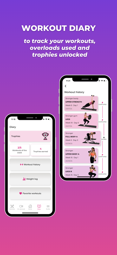 GetStronger: Fitness for Women - Interfaz de seguimiento del historial de entrenamiento y diario en la aplicación de fitness GetStronger para mujeres.
