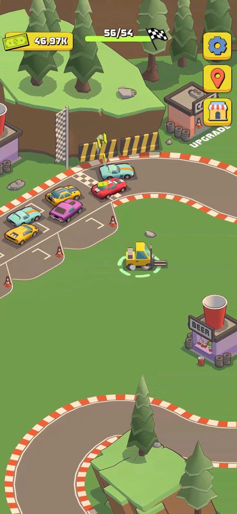Car Speed Racing - Idle Tycoon - Isometric view of a racing track with colorful sports cars and a beer stand in a management game