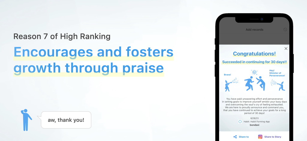 Una pantalla de teléfono inteligente que muestra un mensaje de éxito de hábito de 30 días con arte alentador de dibujos de palitos.