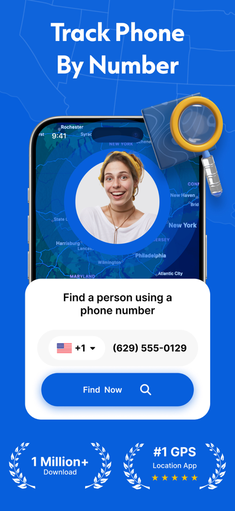GPS - Phone Location Tracker - Mobile App-Oberfläche von GeoTrack360, die die Funktion „Telefon nach Nummer verfolgen“ mit einer Karte und einem Suchfeld zeigt