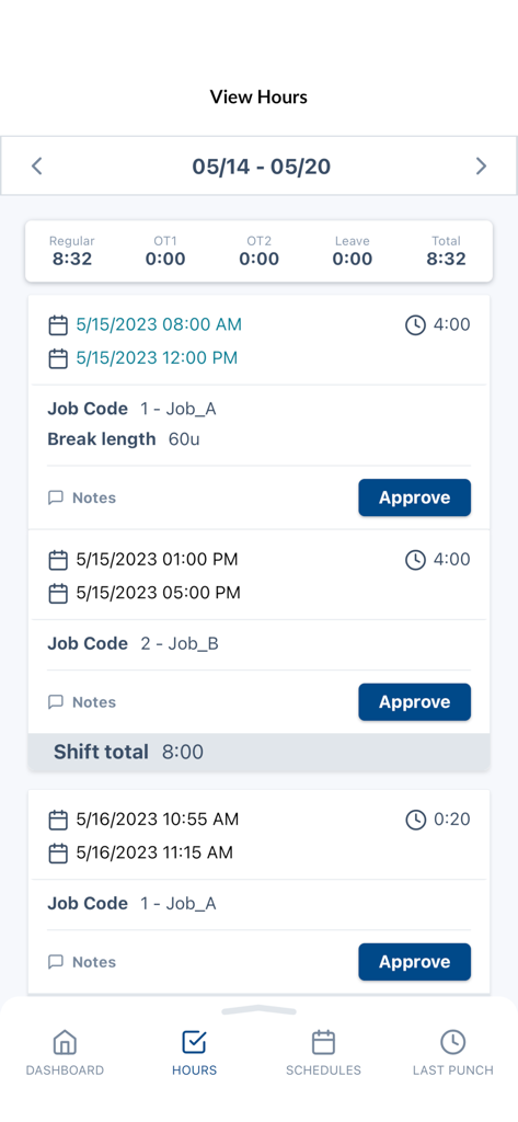 Tela do aplicativo mostrando resumo de horas de trabalho, registros de turno e botões de aprovação para funcionários por hora