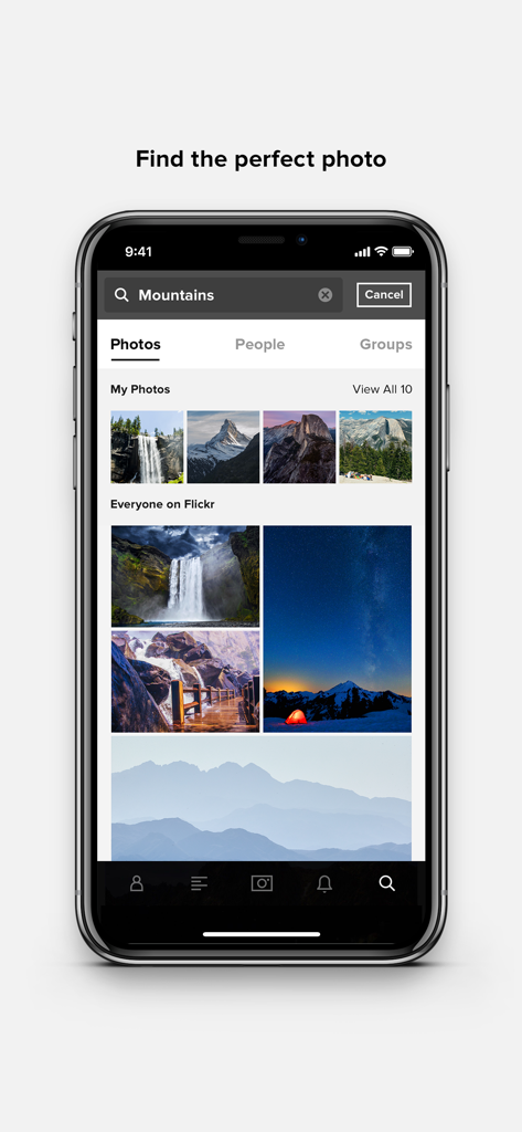 Flickr - Flickr mobile app search interface showing high-quality mountain and landscape photography results.