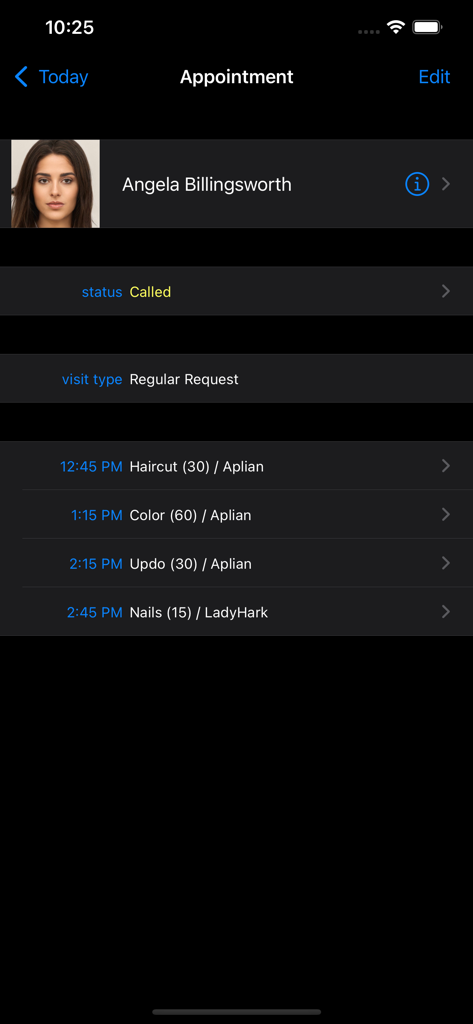 Interface of the STX app showing a detailed client appointment with scheduled services like haircut and color.