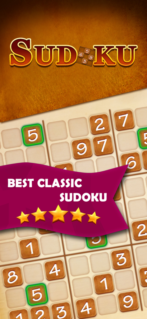 Sudoku Fever app interface featuring a wooden theme puzzle grid and a five star rating banner
