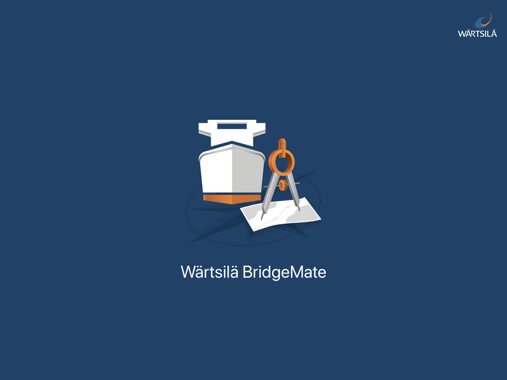 Wartsila BridgeMate splash screen with a ship and maritime navigation divider illustration