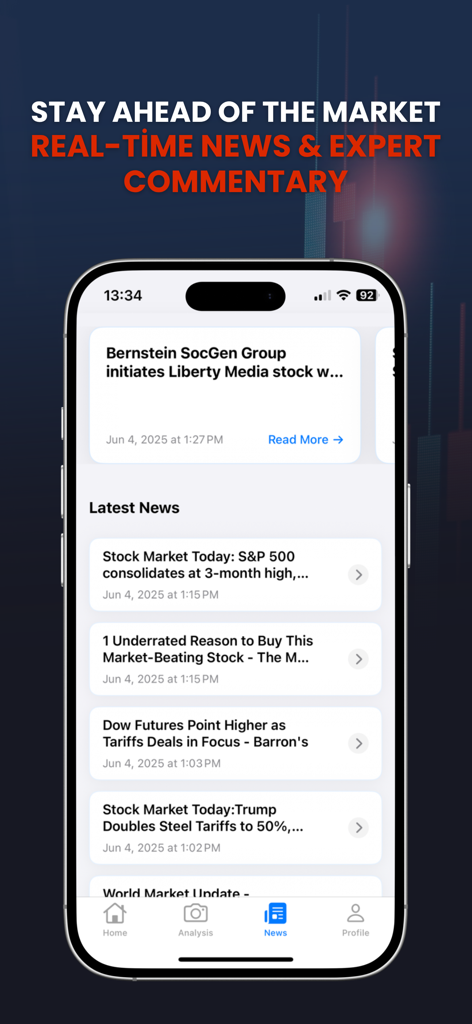 Interfaz de la aplicación Chart Snap que muestra un feed de noticias financieras en tiempo real con titulares del mercado de valores y comentarios de expertos en un iPhone.