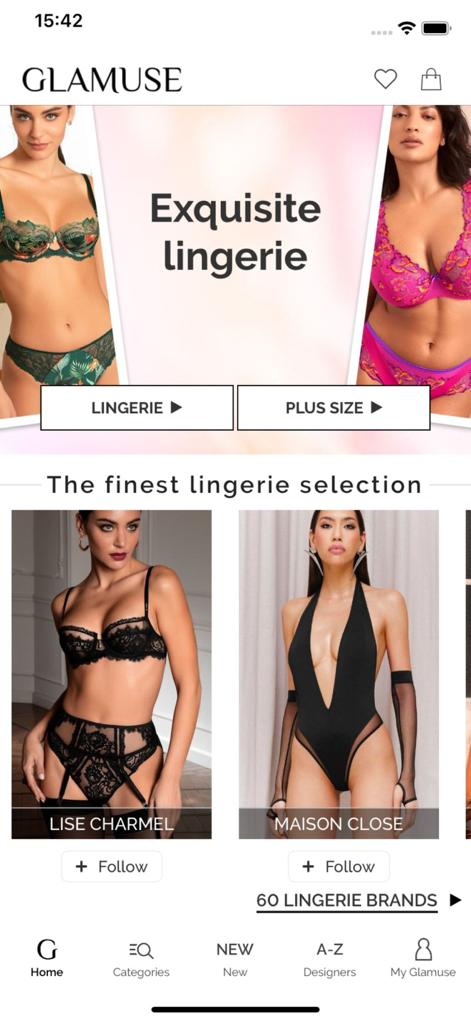Glamuse – Lingerie - Glamuse mobile app home screen showcasing luxury lingerie collections and plus size options