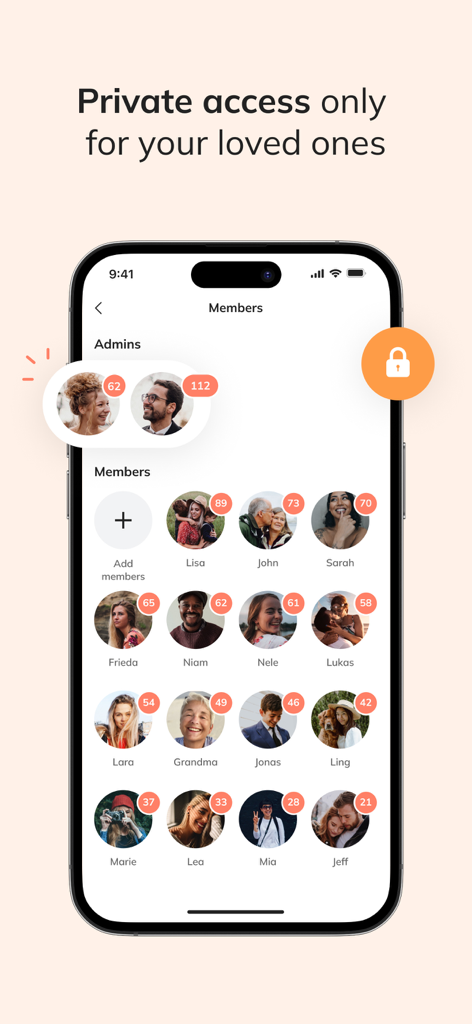celebrate: share photo & video - Una schermata mobile dell'app Celebrate che mostra un elenco di amministratori e membri con accesso privato a un album di foto