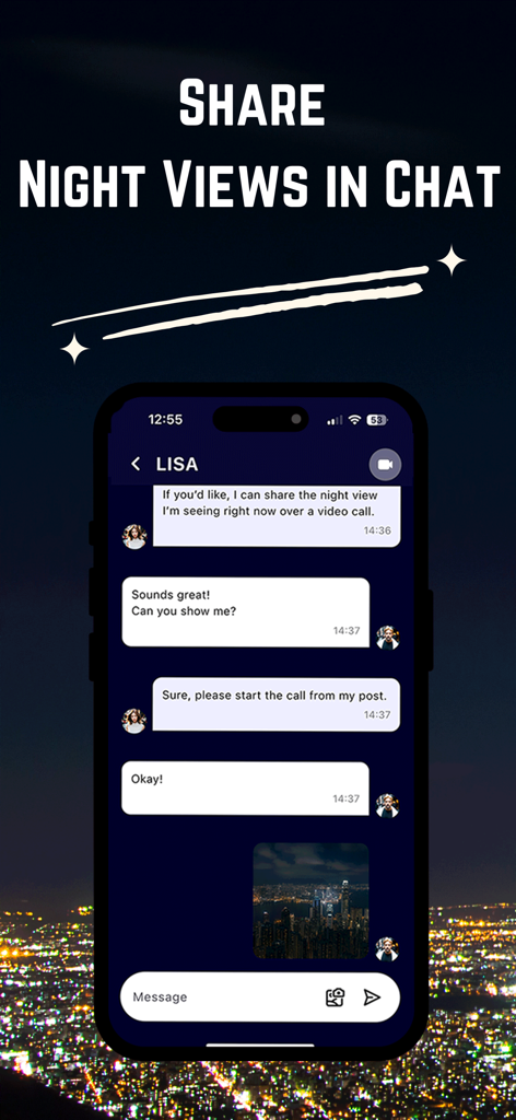 Smartphone screen showing the YORU app chat interface with messages about sharing a live night view.