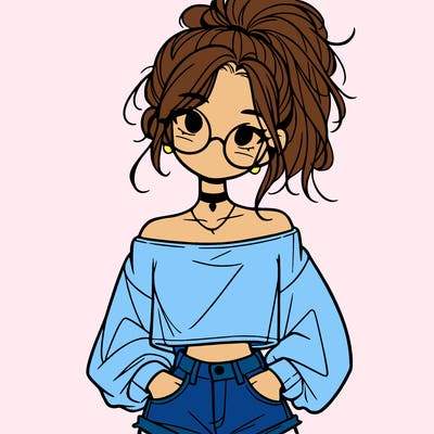 girl with a messy ponytail glasses a baggy crop top and jean shorts