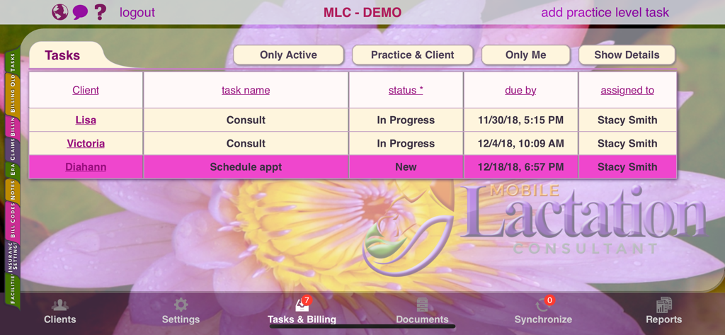 Task management dashboard in the Mobile Lactation Consultant app displaying client names, task status, and due dates.