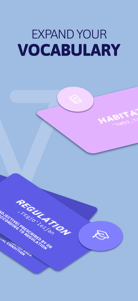 Learn English - Vocabulary - A promotional screen for the Vocabulary app featuring the text Expand Your Vocabulary and floating cards with word definitions