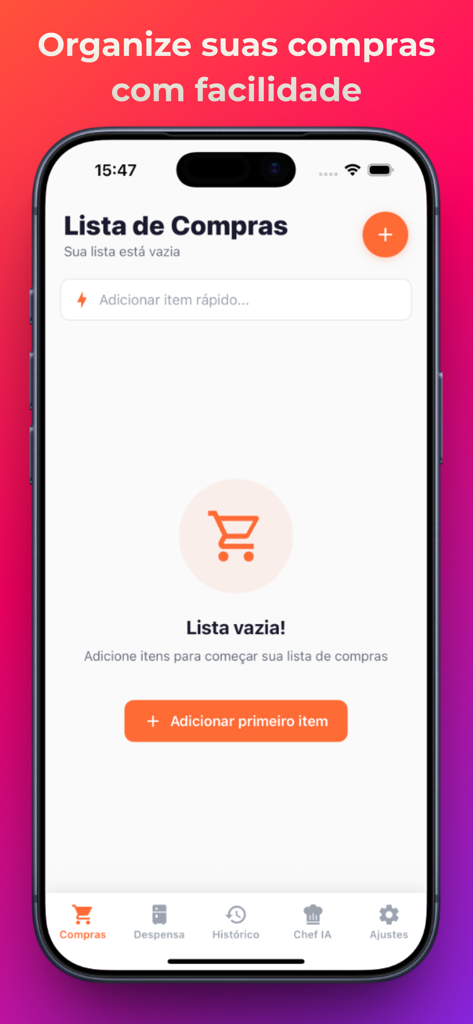 The empty shopping list screen of the Super Lista app featuring a clean user interface and a quick add button.