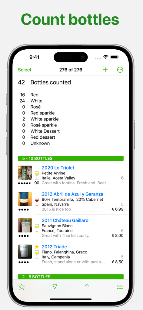 Wines - wine notes V2 - Interface of a wine cellar app showing bottle counts by category and a list of specific wines