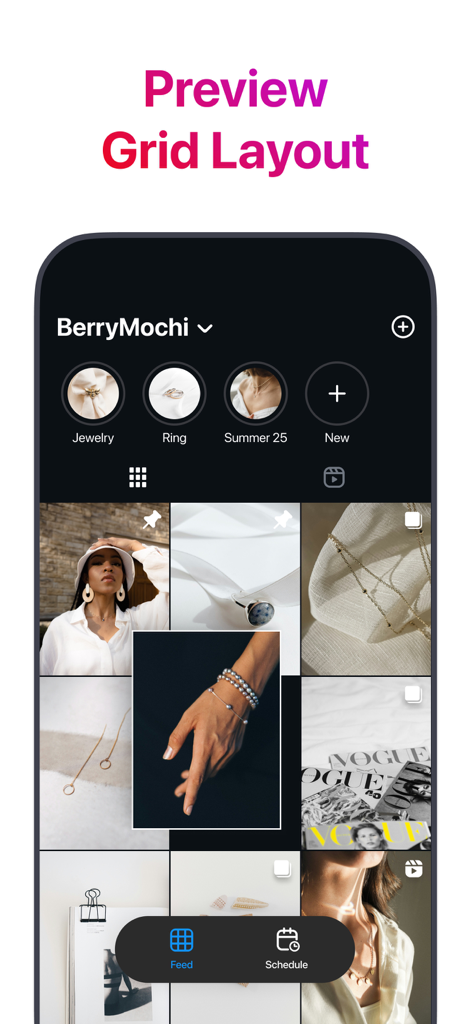 Grid Preview for Instagram - Uma interface de aplicativo móvel mostrando uma pré-visualização de um layout de grid do Instagram com fotos de moda e joias