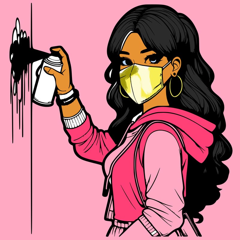 realistic girl with mask spray painting a wall