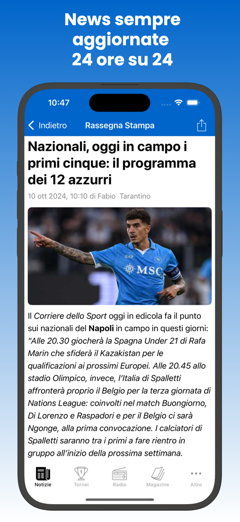 Tutto Napoli - A interface do aplicativo Tutto Napoli exibindo as últimas notícias e resenhas da imprensa sobre o time de futebol SSC Napoli.