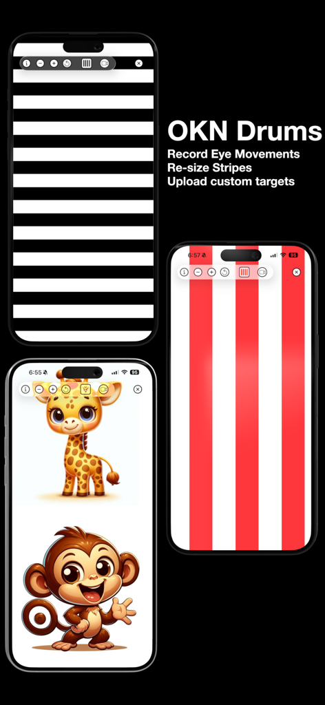 My Call Bag: Ophthalmology App - Tambores OKN digitais para teste de movimentos oculares com listras ajustáveis e alvos de desenhos animados pediátricos