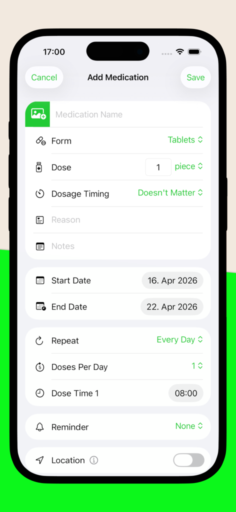 Pill – Medication Reminder - Interface of the MedKee app showing the add medication screen with options for dose timing and reminders