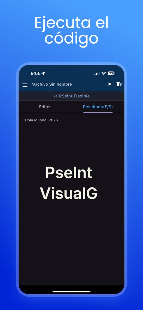 Pseudocode, PSeInt, Visualg - PSeIntの柔軟モードでの擬似コードスクリプト実行の結果を示すモバイルアプリインターフェース