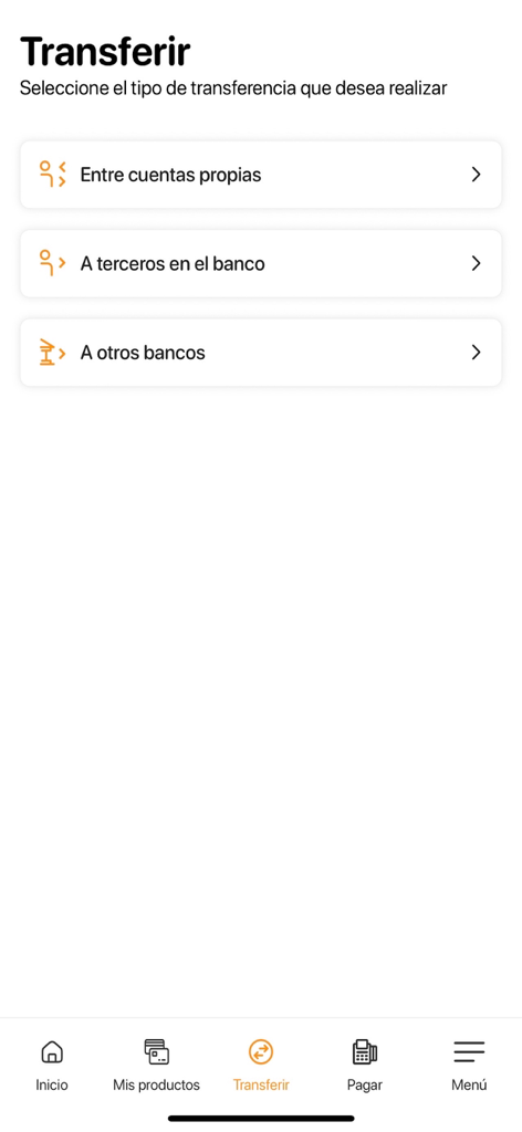 Motor Crédito mobile app screen displaying money transfer options for own accounts and other banks