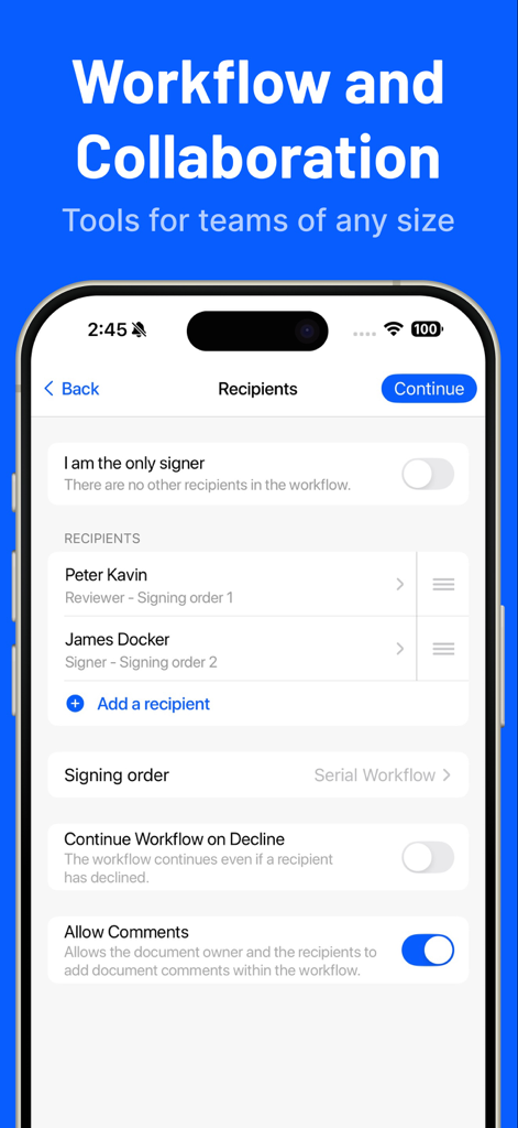Interface do SigningHub mostrando a configuração do fluxo de trabalho do documento com funções de destinatário para revisores e signatários
