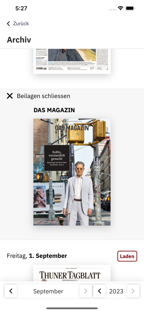 Archive section of the BZ Thuner Tagblatt app showing magazine supplements